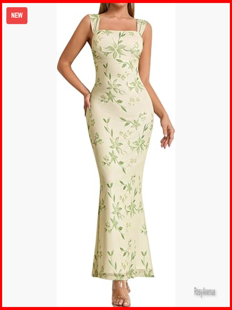 Women's Floral Maxi Dress Square Neck Sleeveless Mesh Bodycon Formal